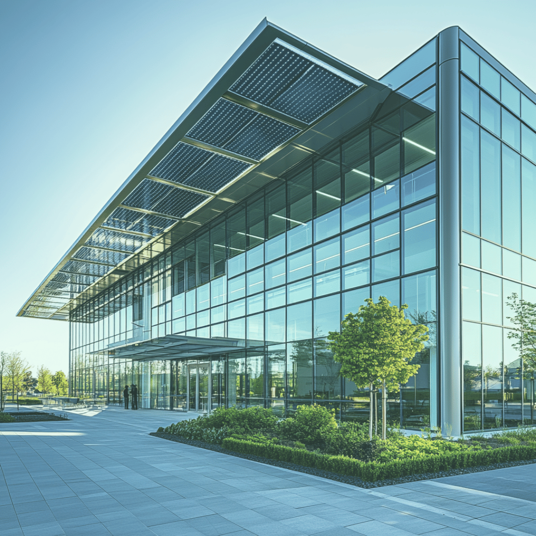 Futuristic office building with sleek, modern architecture.