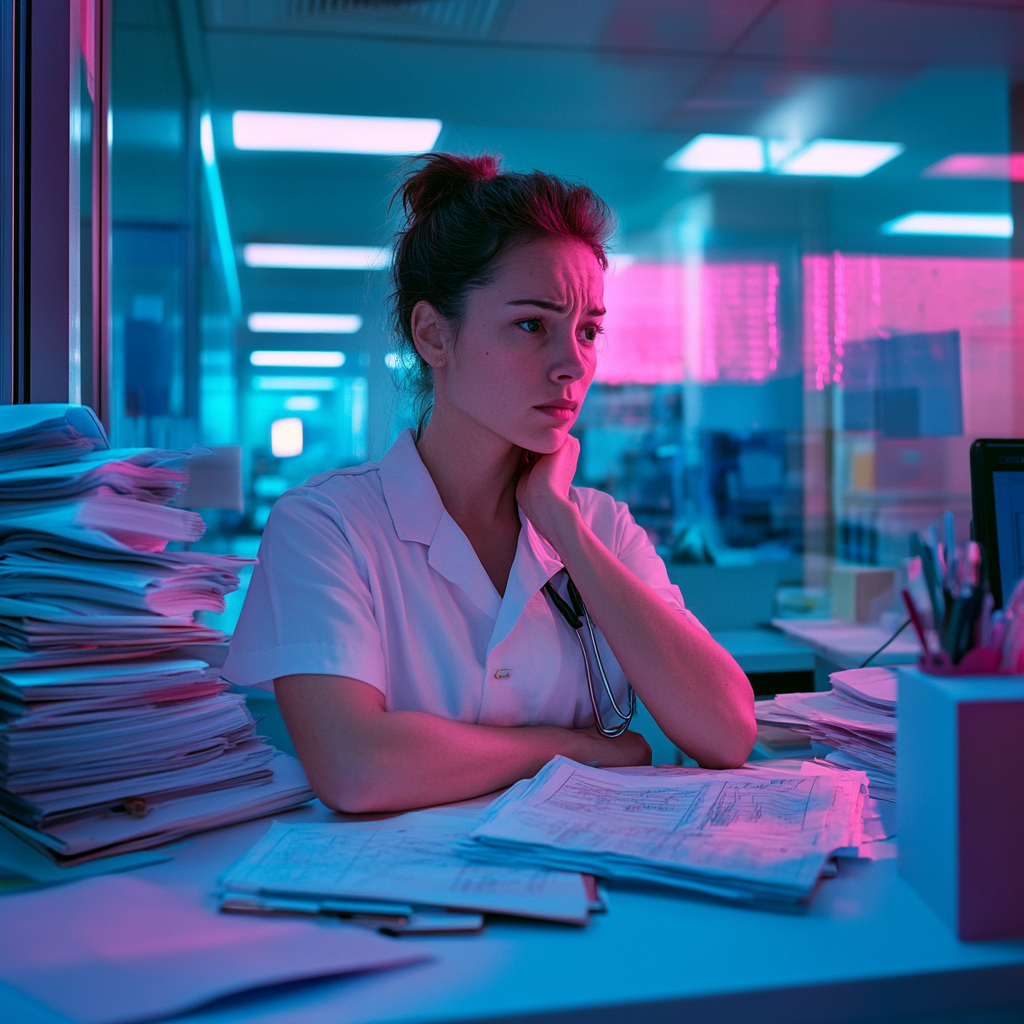 jibbles0914_a_nurse_in_a_hosital_sitting_at_a_desk_with_a_mes_13255f5c-498a-4f92-b848-b8fc5ab666fe_0